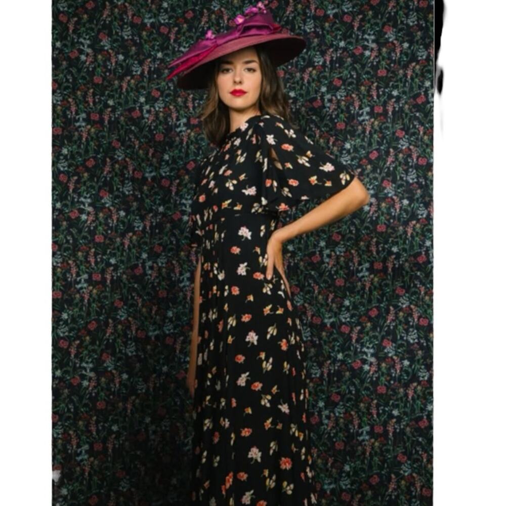 byTiMo Black Floral Maxi Short Sleeve Dress XS Feminine Vintage Style